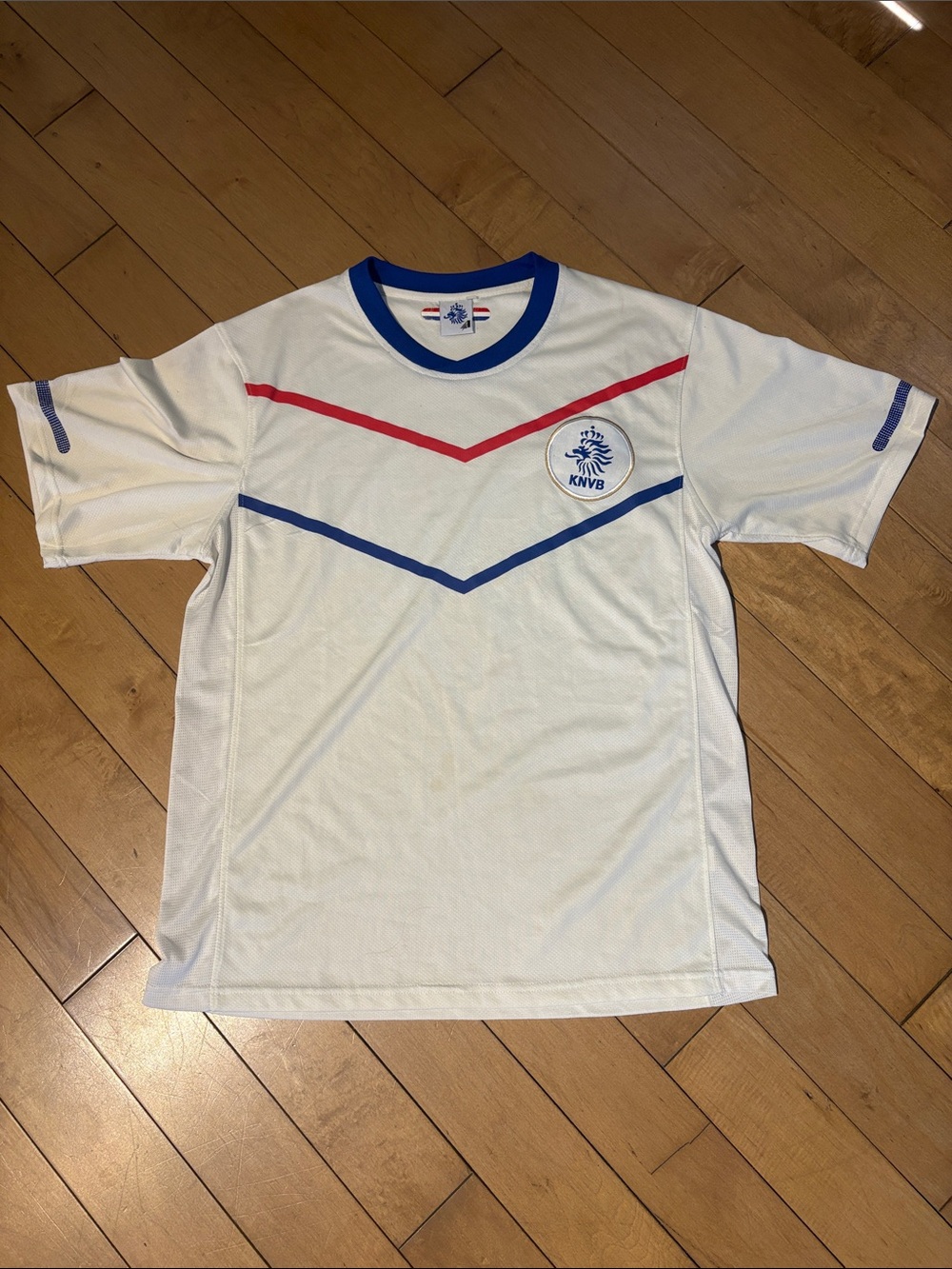 Netherlands KNVB White Soccer Jersey with Red & Blue Chevrons